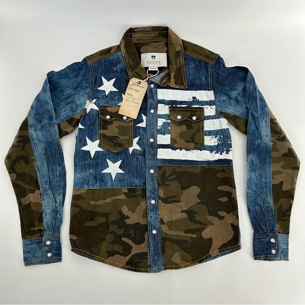Allston Outfitter Deadstock Fatigue Camo Denim Western Pearl Shirt NWT M